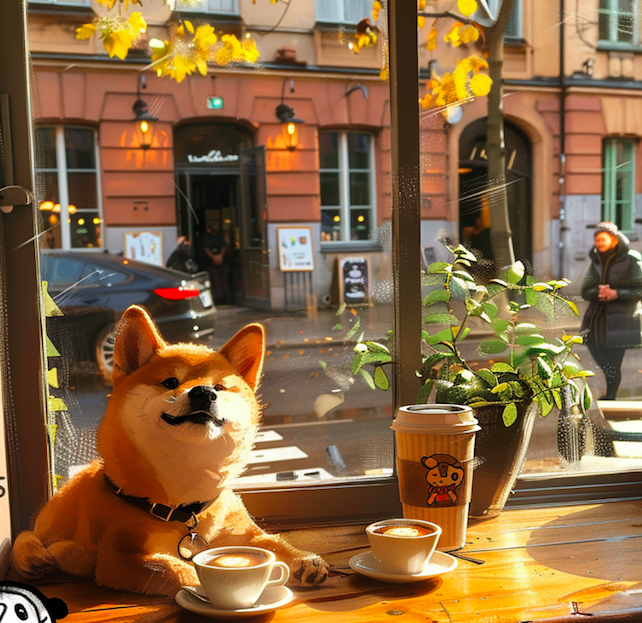 shiba inu puppy sitting in a coffee shop in Stockholm Sweden